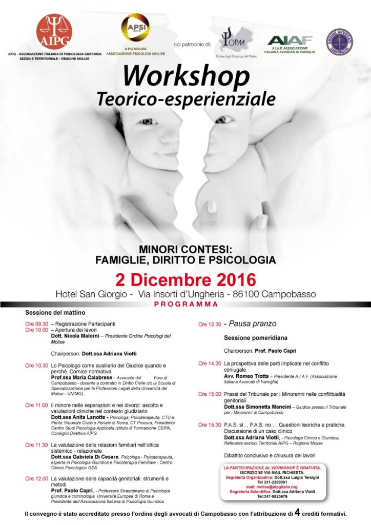 Workshop - minori contesi famiglie diritto e psicologia - 2 dicembre 2016